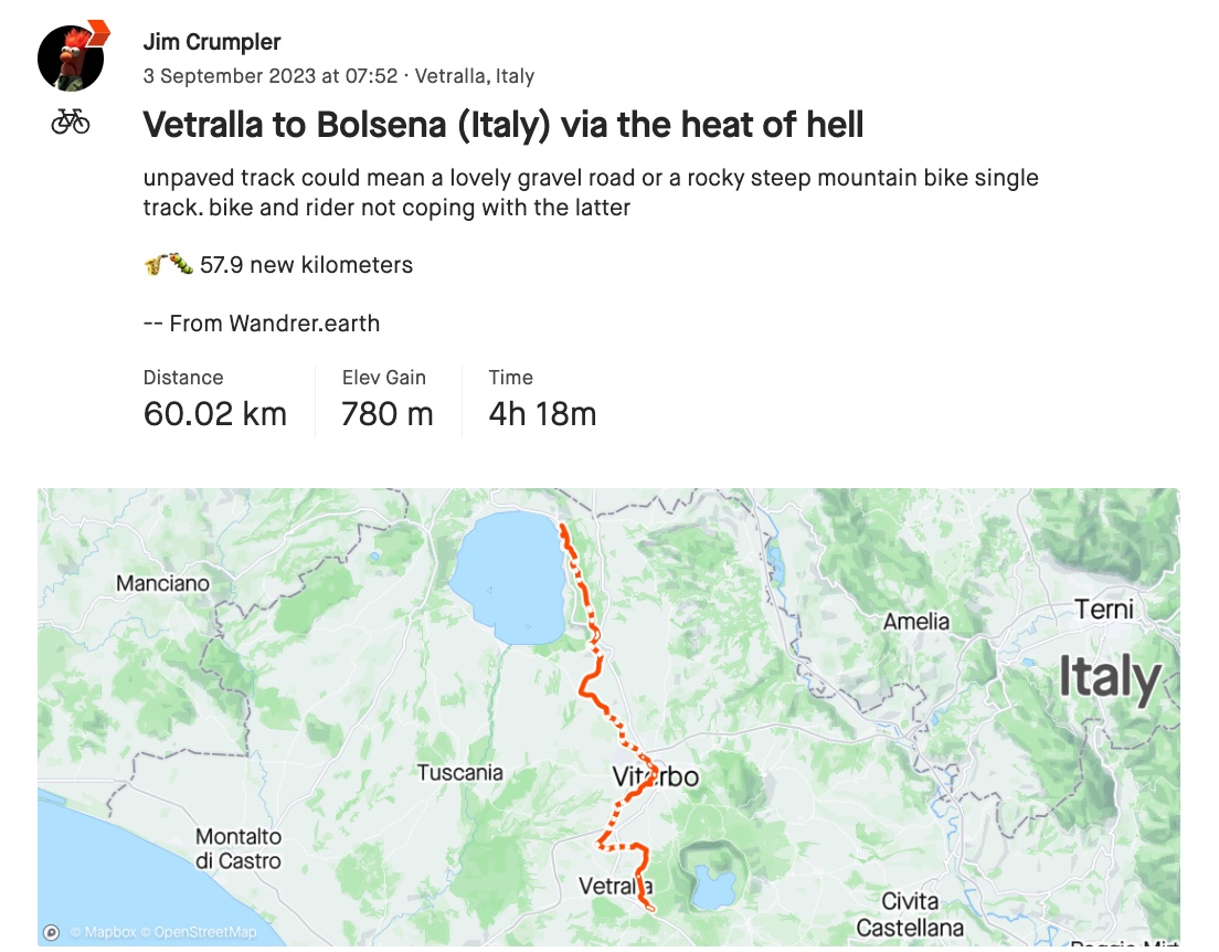 A screengrab from Jim's Strava account which shows one day's ride in Italy. In describing the ride he says it was "via the heat of hell".