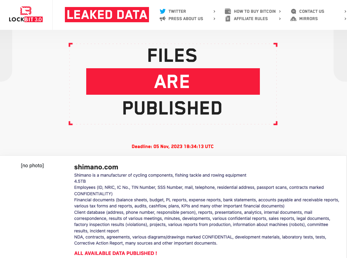 Screenshot of Lockbit's data leak blog, with a sign saying 'Files are published' and a list of information the hackers claim to have accessed. 
