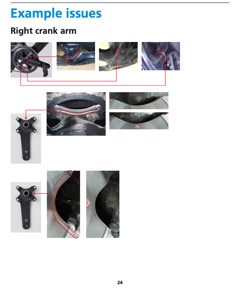 A screenshot from the Shimano inspection guide showing some failure modes, some of which are patently obvious.