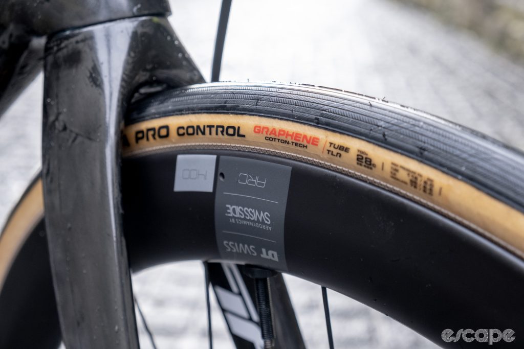 A close-up image of the Vittoria tyres on Yakob Debesay's FiftyOne bike. 