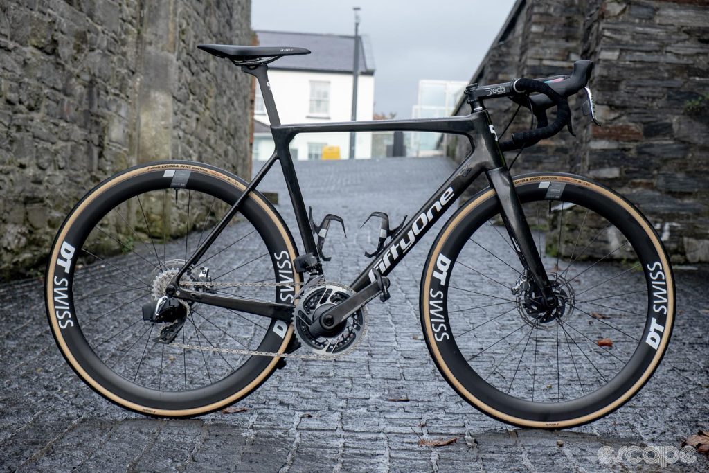 A close-up image of Yakob Debesay's FiftyOne bike with SRAM Red Etap AXS groupset, DT Swiss wheels, and Vittoria tyres. 