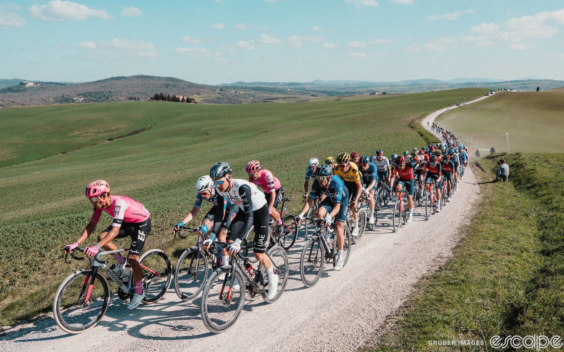 The pack races at the 2023 Strade Bianche. They're on a gravel sector, winding through just-greening fields amid rolling hills.