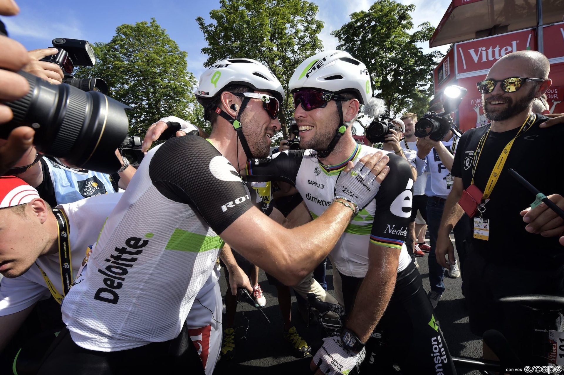 Mark Cavendish and Mark Renshaw celebrate a stage win at the 2016 Tour de France.