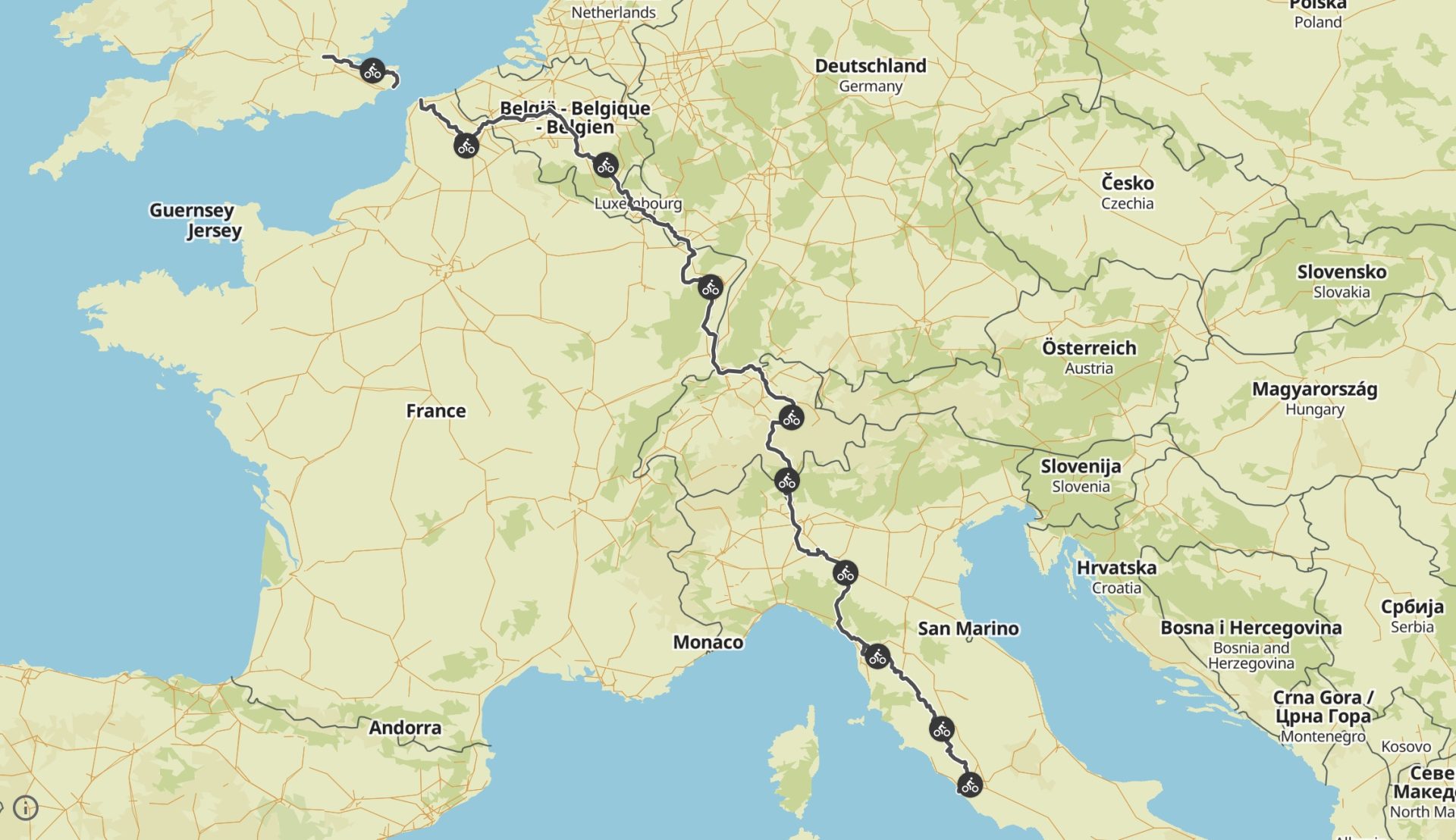 A map of a bike route from Rome to London.