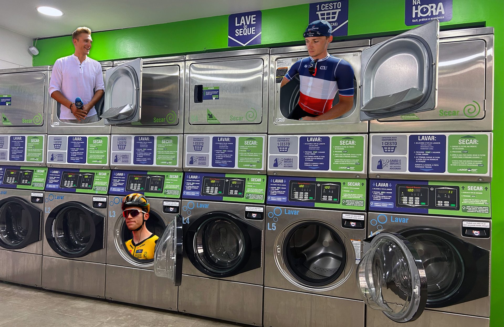 Marcel Kittel, Valentin Madouas and Michel Hessman inside a laundromat.