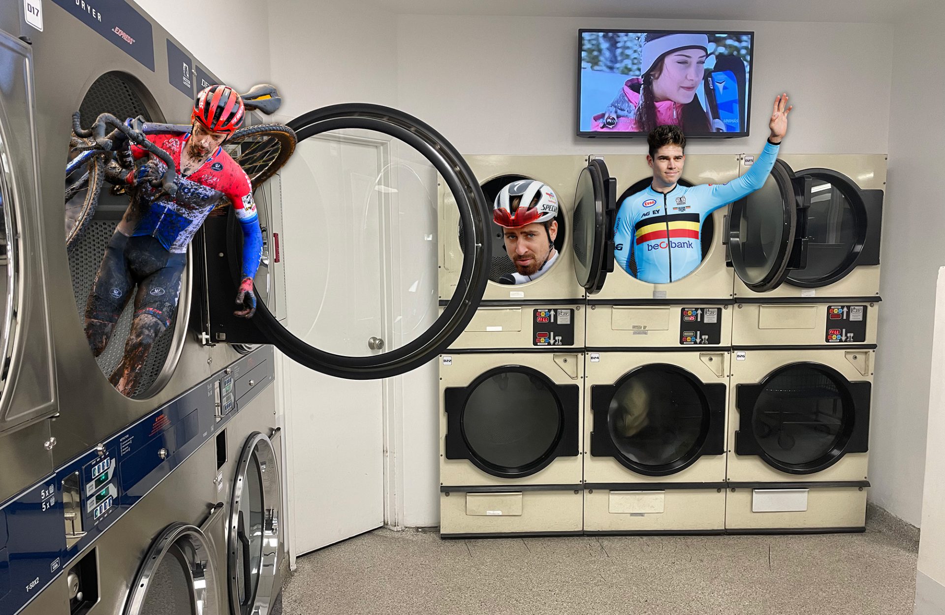 Lars van der Haar, Peter Sagan and Wout van Aert photoshopped into a laundromat in Santa Barbara, California.
