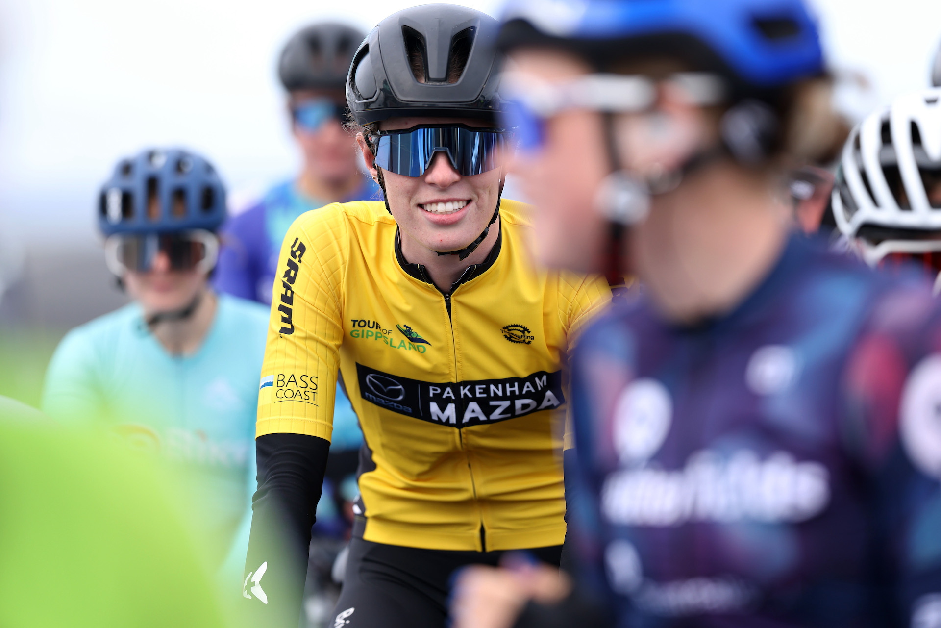 Emily Watts in the yellow leader's jersey at the start of the final stage of the Tour of Gippsland.