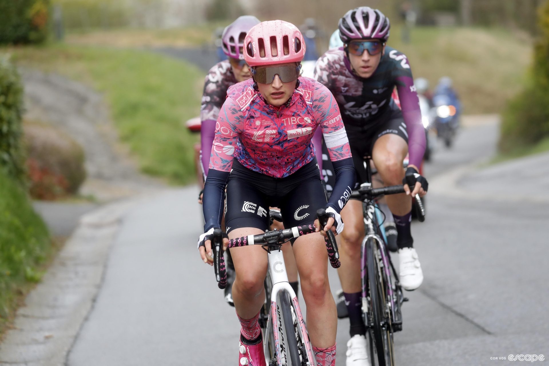 Vallieres leads a group of attackers up a climb during a cycle race.