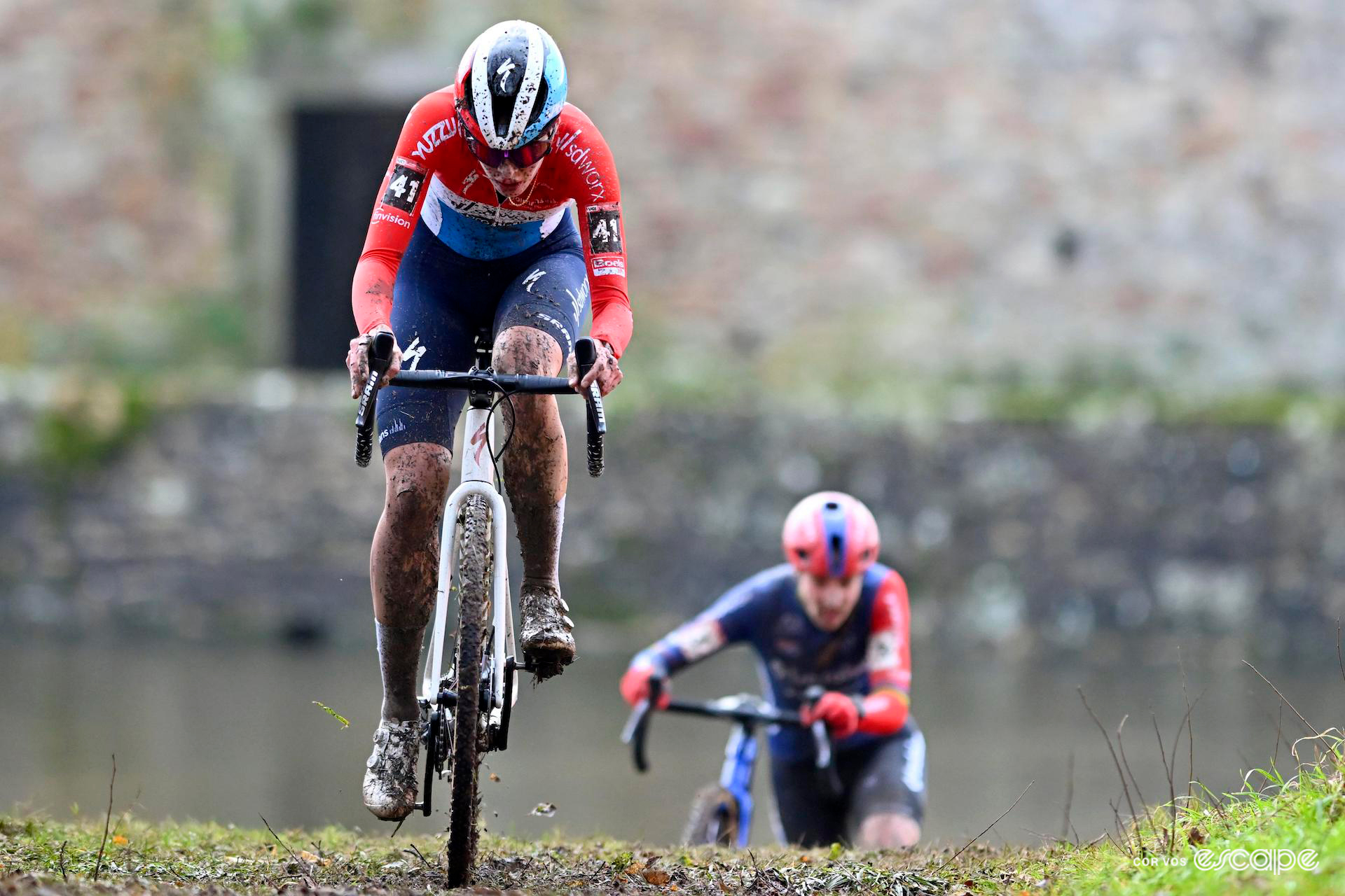 Marie Schreiber rides hard early in Cyclocross World Cup Flamanville as Lucinda Brand chases in the background.
