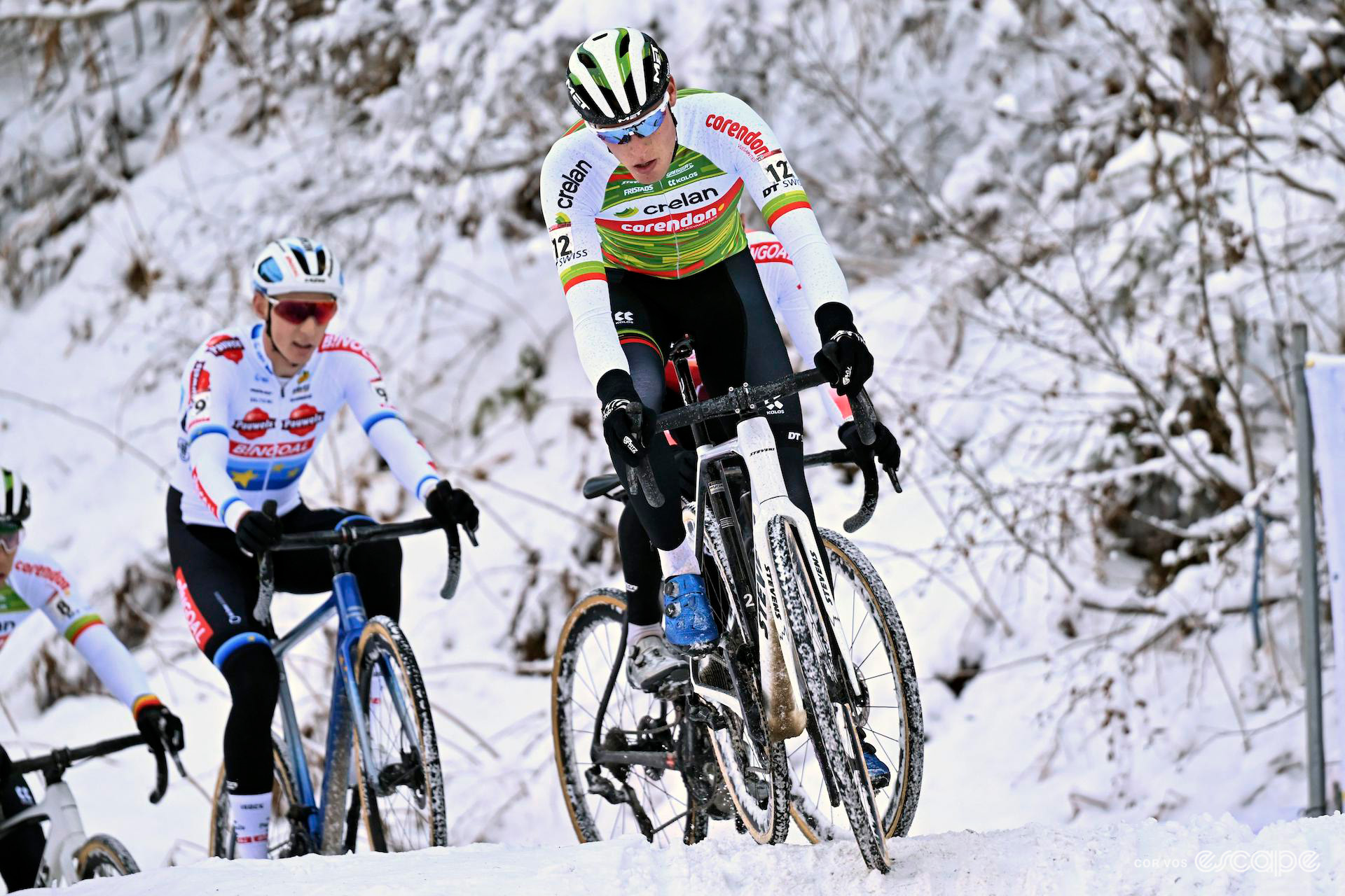 Joran Wyseure leads a group including European champion Michael Vanthourenhout over the snow during UCI Cyclocross World Cup Val di Sole.