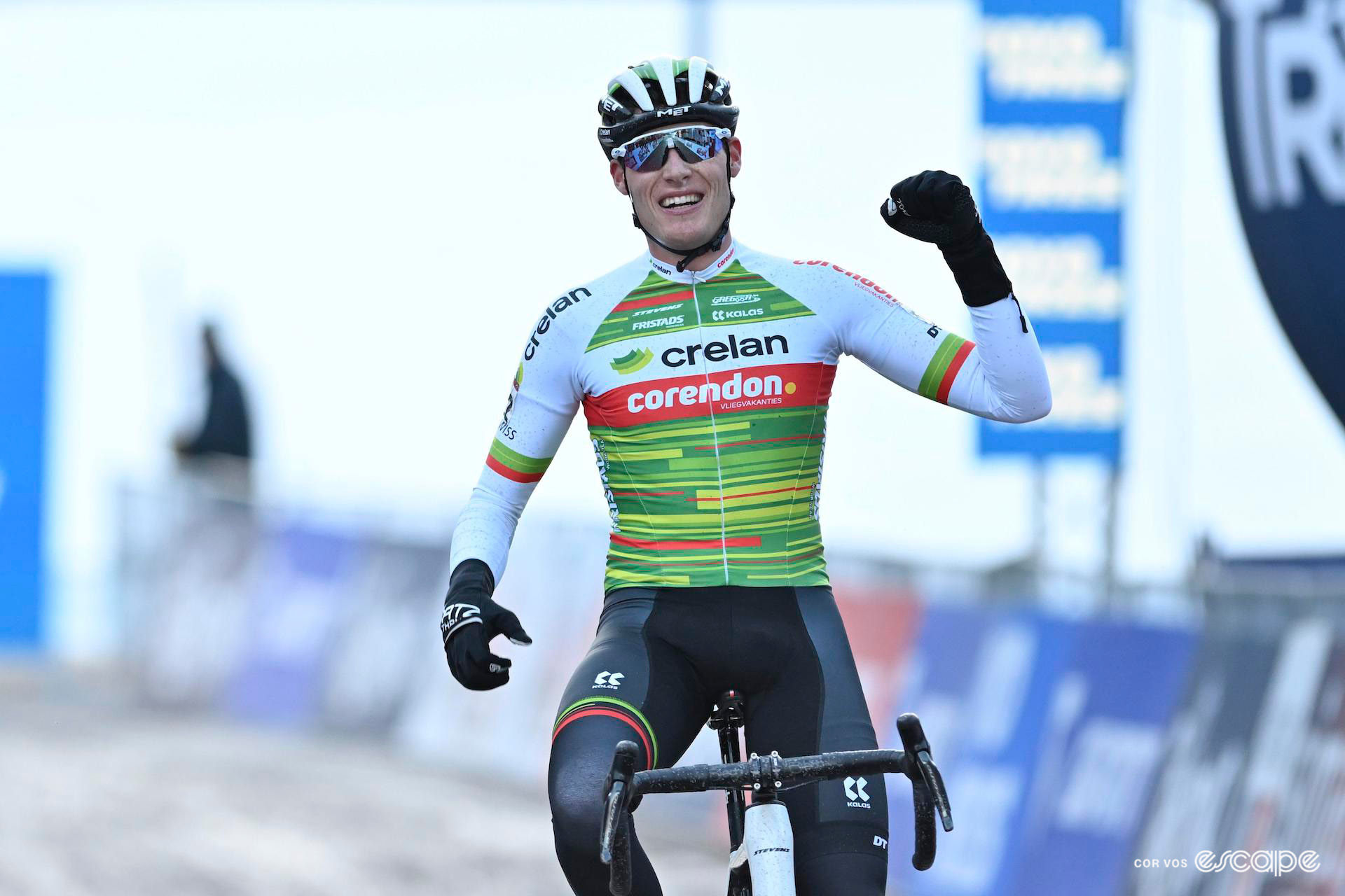 Joran Wyseure celebrates finishing third at UCI Cyclocross World Cup Val di Sole.