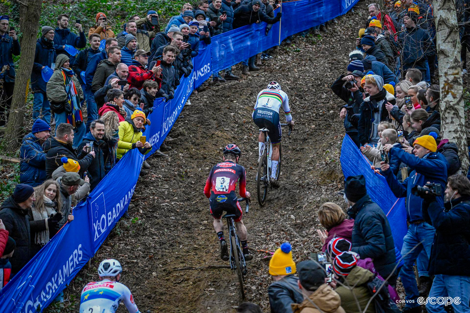 Mathieu van der Poel leads Eli Iserbyt up a climb early in X2O Trofee Herentals.