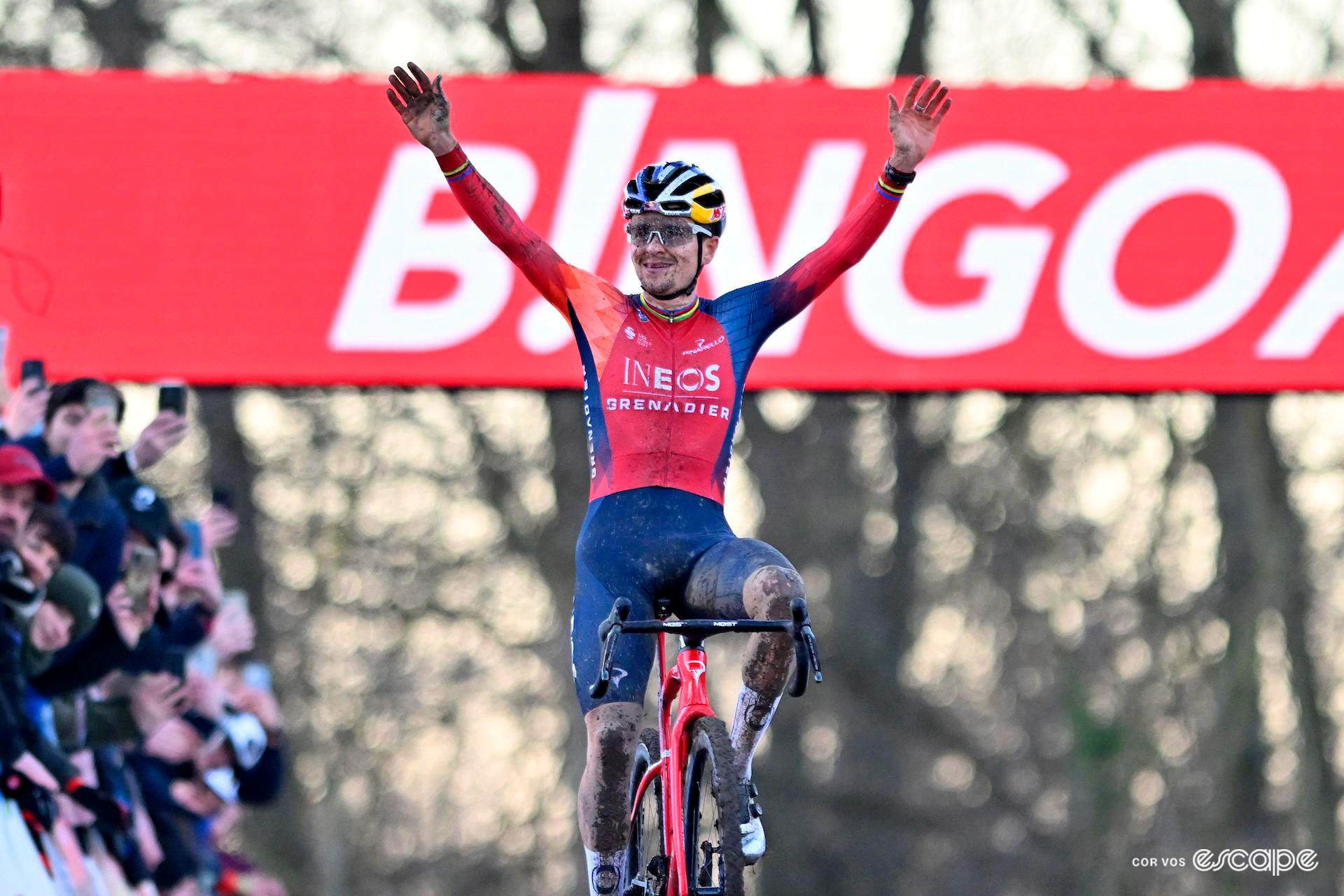 Tom Pidcock celebrates victory at Cyclocross World Cup Namur.