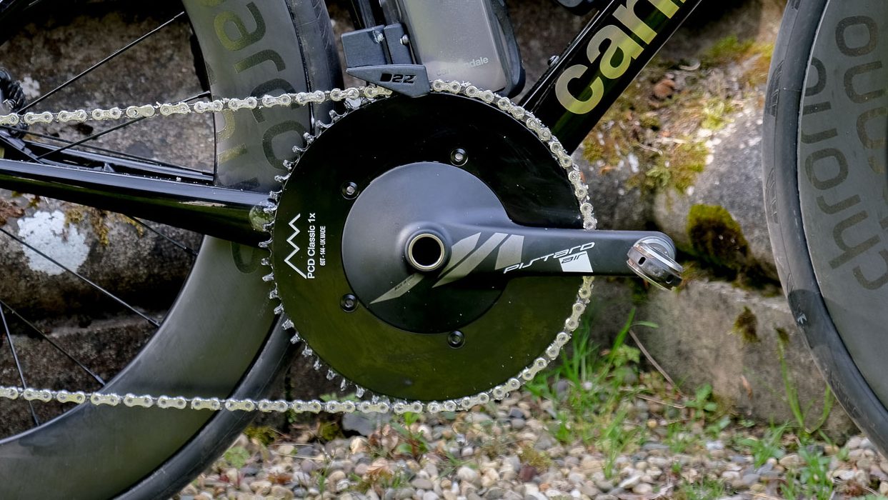 The photo shows Miche Pistard Air cranks with a Pyramid Cycle Design chainring.