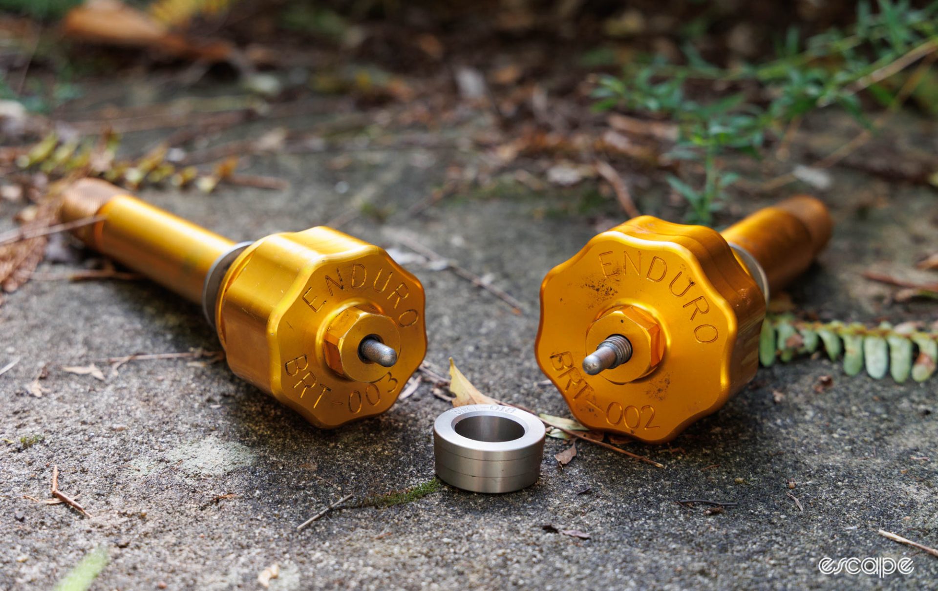 Enduro bearing press fit tools in the usual gold colour sitting on a mossy tile. 