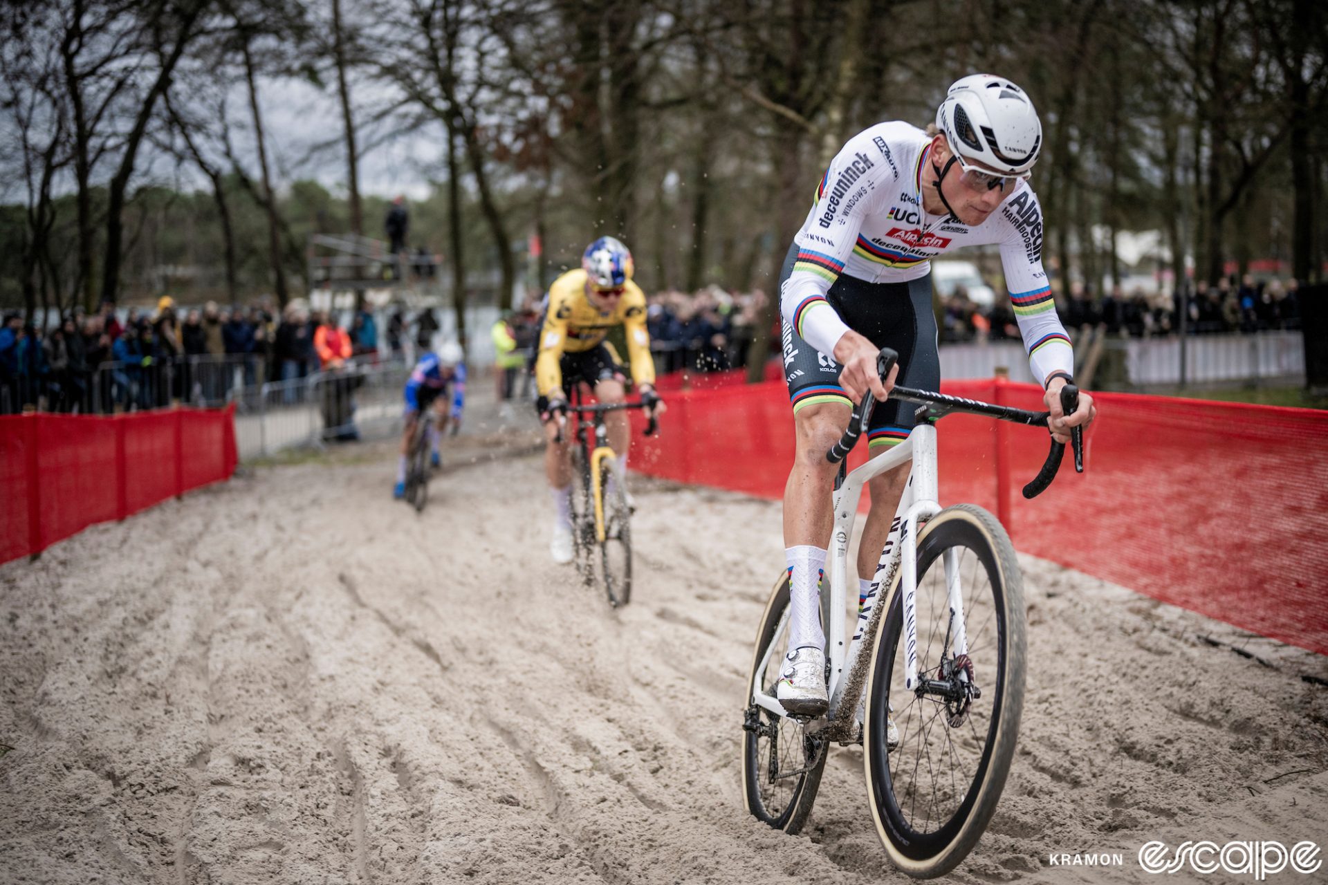 Mathieu van der Poel leads Wout van Aert in a sandy section of course. 