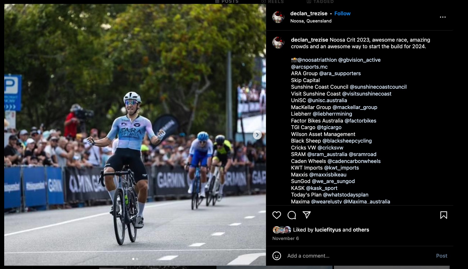 A screengrab of an Instagram post showing Declan Trezise winning the Noosa Crit.