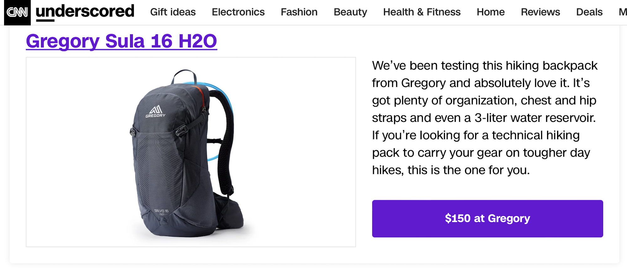 A screenshot of a CNN Underscored post about Gregory's Sula 16 H2O backpack. The accompanying copy is less than 50 words, and lists mostly bland recitation of features like "plenty of organization, chest and hip straps, and even a 3-liter water reservoir" which are standard on almost any pack in this 16-liter hiking pack category.