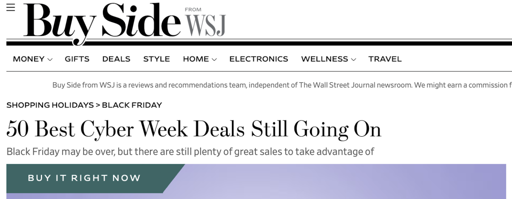 A headline from WSJ Buy Side that reads "50 best Cyber Week deals still going on."