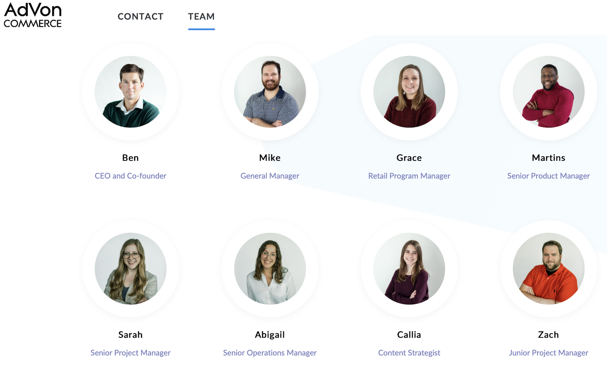 A screenshot of the team page for AdVon Commerce. It shows rows of smiling head-and-shoulders profile shots, with just first names and roles.