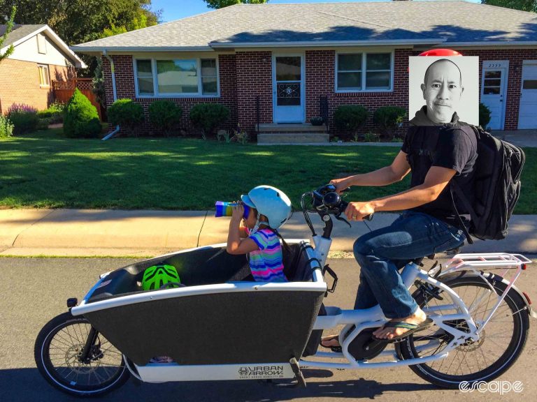 Tech editor James Huang rides his Urban Arrow with his daughter in the box.