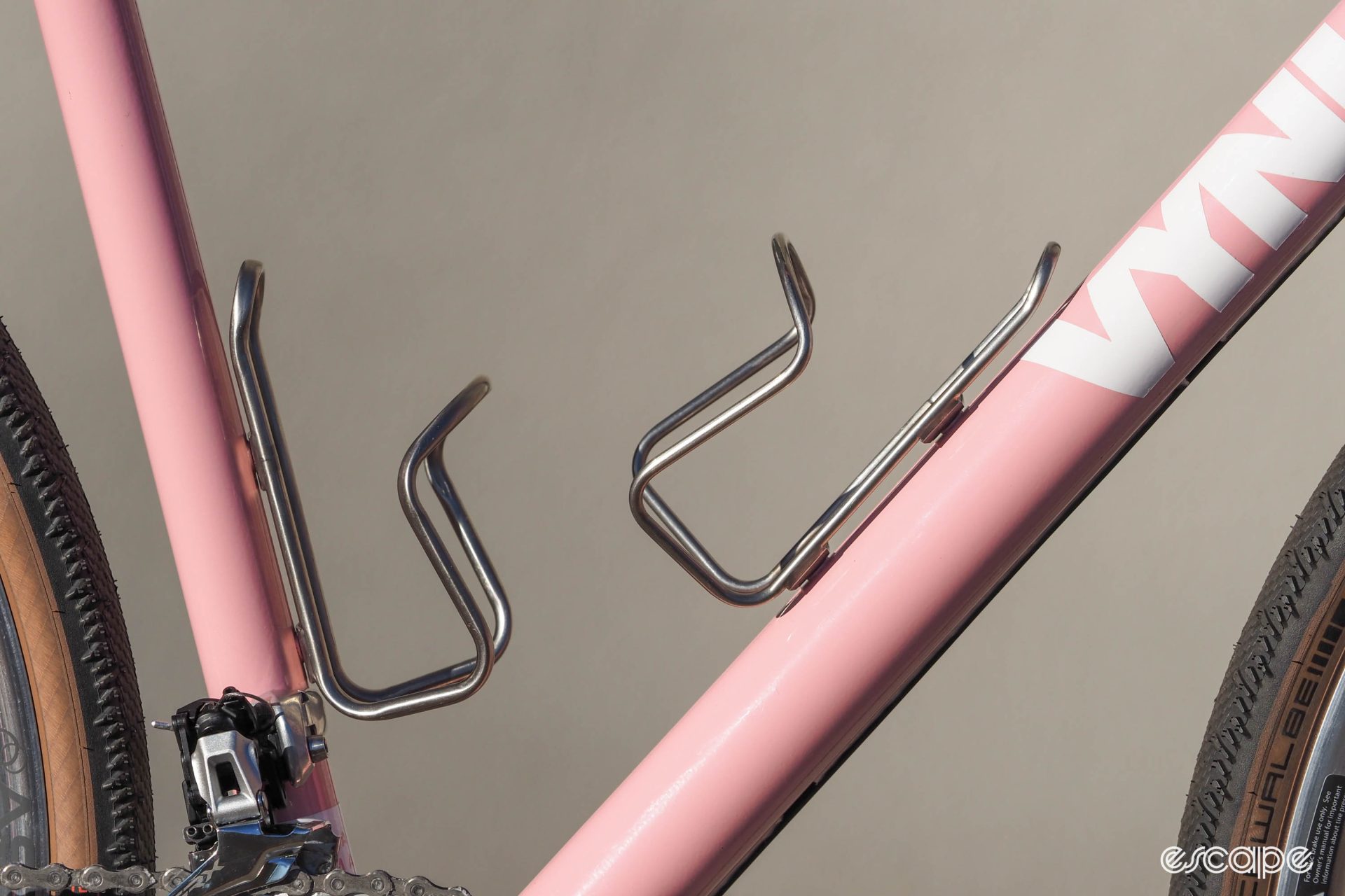 King stainless steel bottle cages on pink Vynl frame