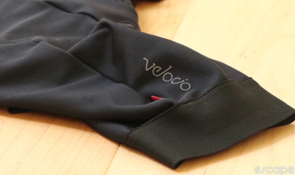 A detail of Velocio's thermal bib shorts, showing the wide leg gripper and thick, Roubaix fabric.