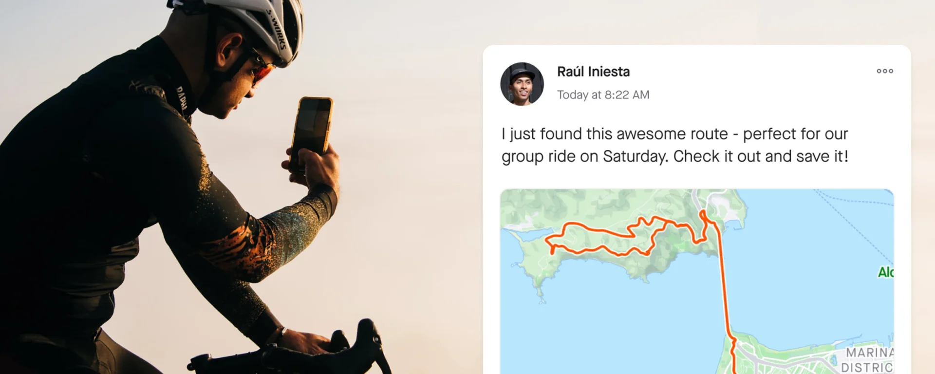 A screenshot from Strava's announcement of a new feature to share route information and photos. It shows a cyclist looking at his phone, while on the right side of the image is a post from an athlete saying "I just found this awesome route - perfect for our group ride on Saturday. Check it out and save it!" with an overlay of a ride route file.