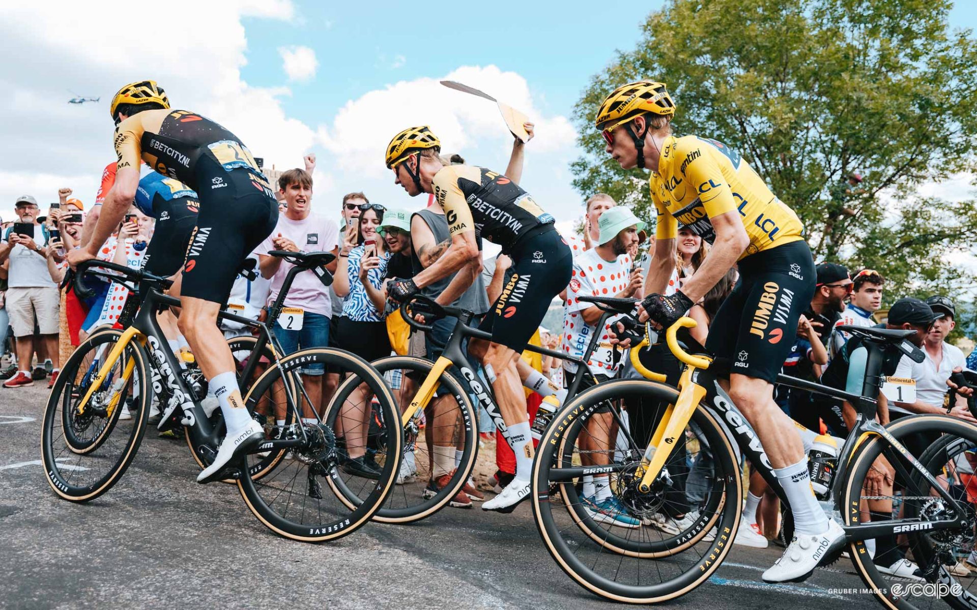 Jonas Vingegaard climbs in the Tour de France behind teammates.