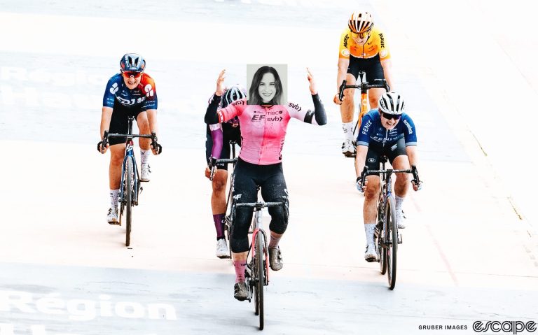 Alison Jackson wins the 2023 Paris-Roubaix, sitting up in a shock-surprise victory salute. Abby Mickey's smiling face is badly photoshopped over Alison's.