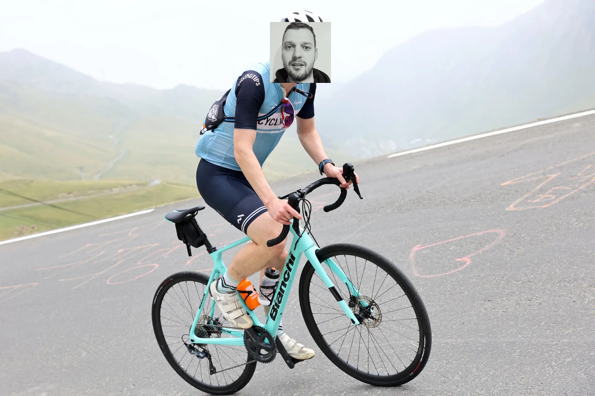Matt de Neef rides the Col du Tourmalet. Matt de Neef's profile photo is poorly superimposed over Matt de Neef (the cyclist's) face, for a very meta bad Photoshop experience.