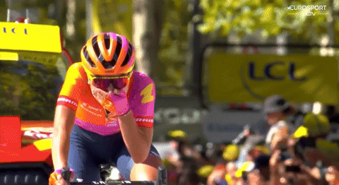 Ricarda Bauernfeind holds her hands to her face in disbelief after winning a stage of the Tour de France Femmes. 