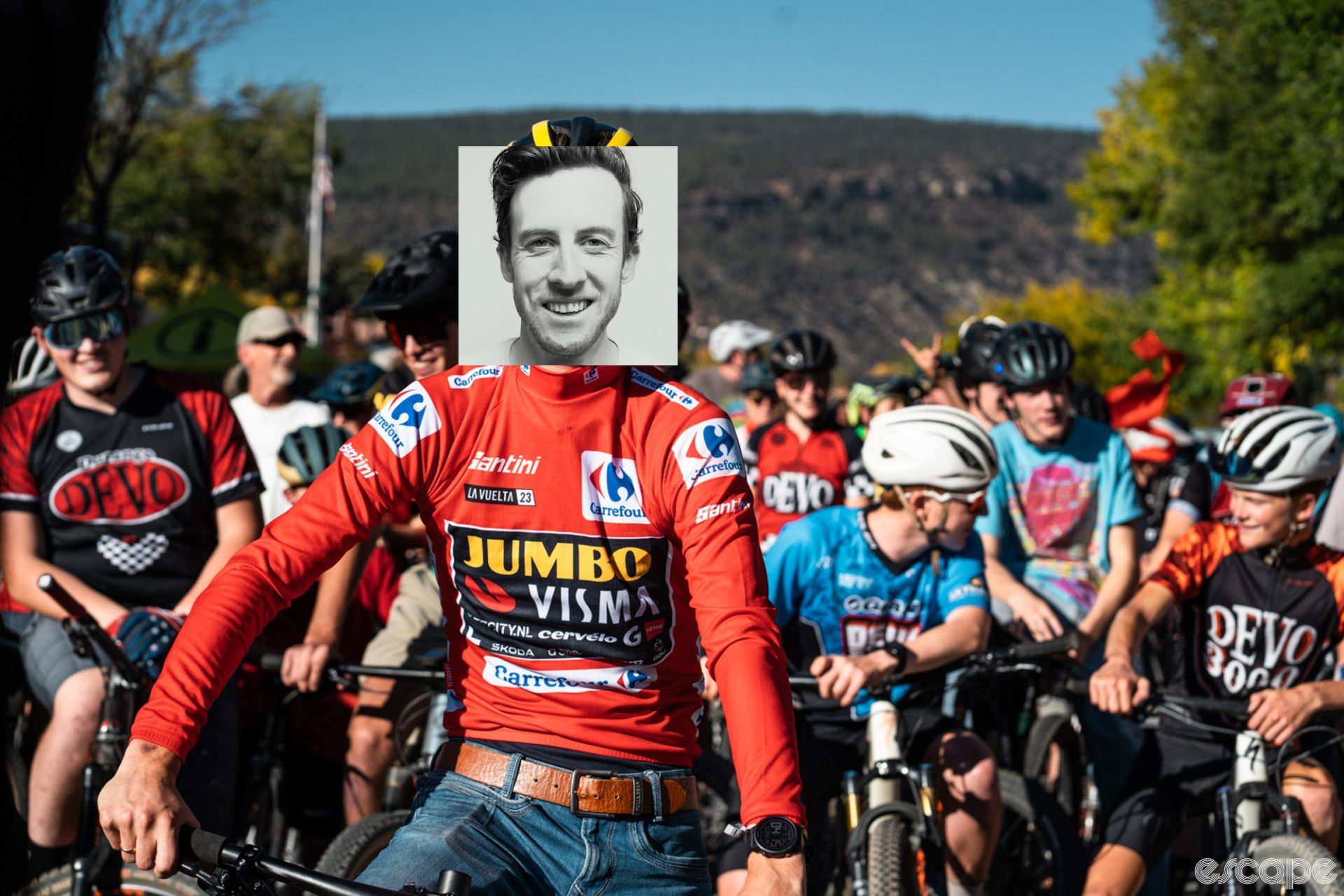 Sepp Kuss gets ready to lead the bike parade in Durango to celebrate his Vuelta a España win. Caley Fretz's smiling mug is jankily photoshopped over the top.