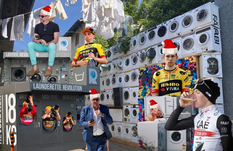 A bunch of riders photoshopped on top of a setting in Bern with many washing machines.