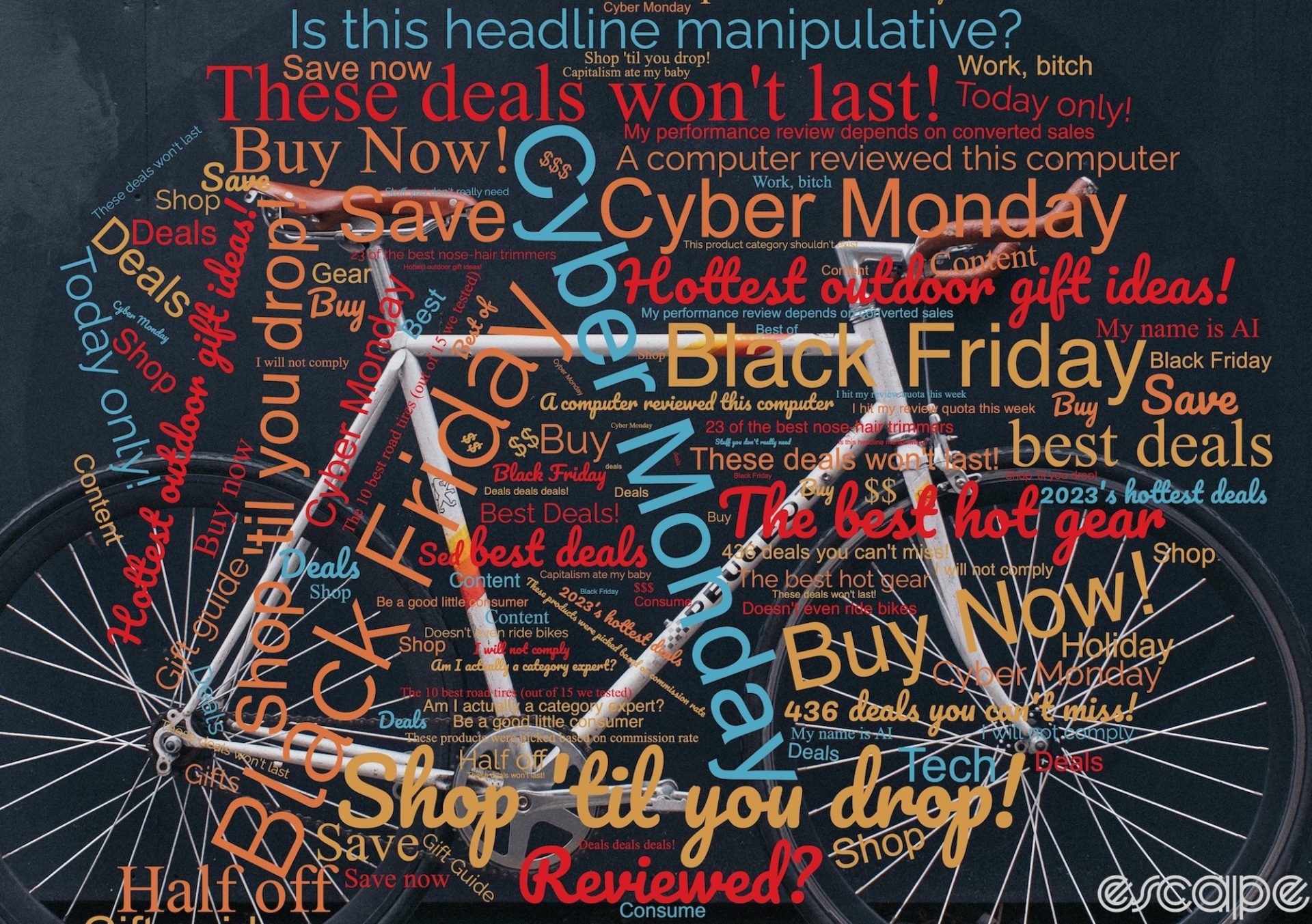A word cloud of phrases from commerce content reviews, overlaid on an image of a white Peugeot fixie.