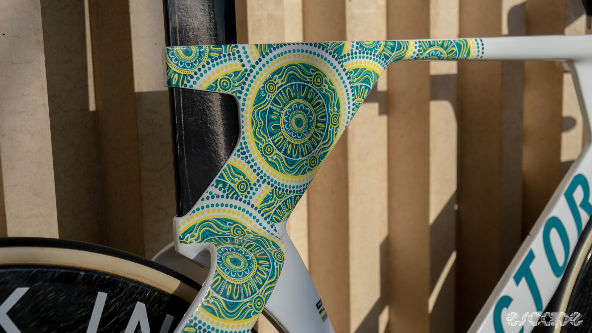 The photo shows the First Nations artwork on AusCycling's Factor Hanzo Track pursuit bike.