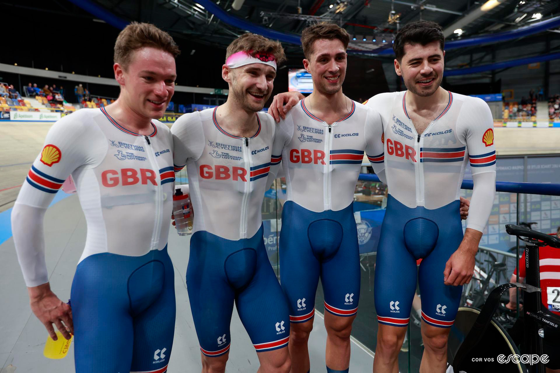 The GB men's team pursuit team after taking the win at the 2024 European Track Championships.