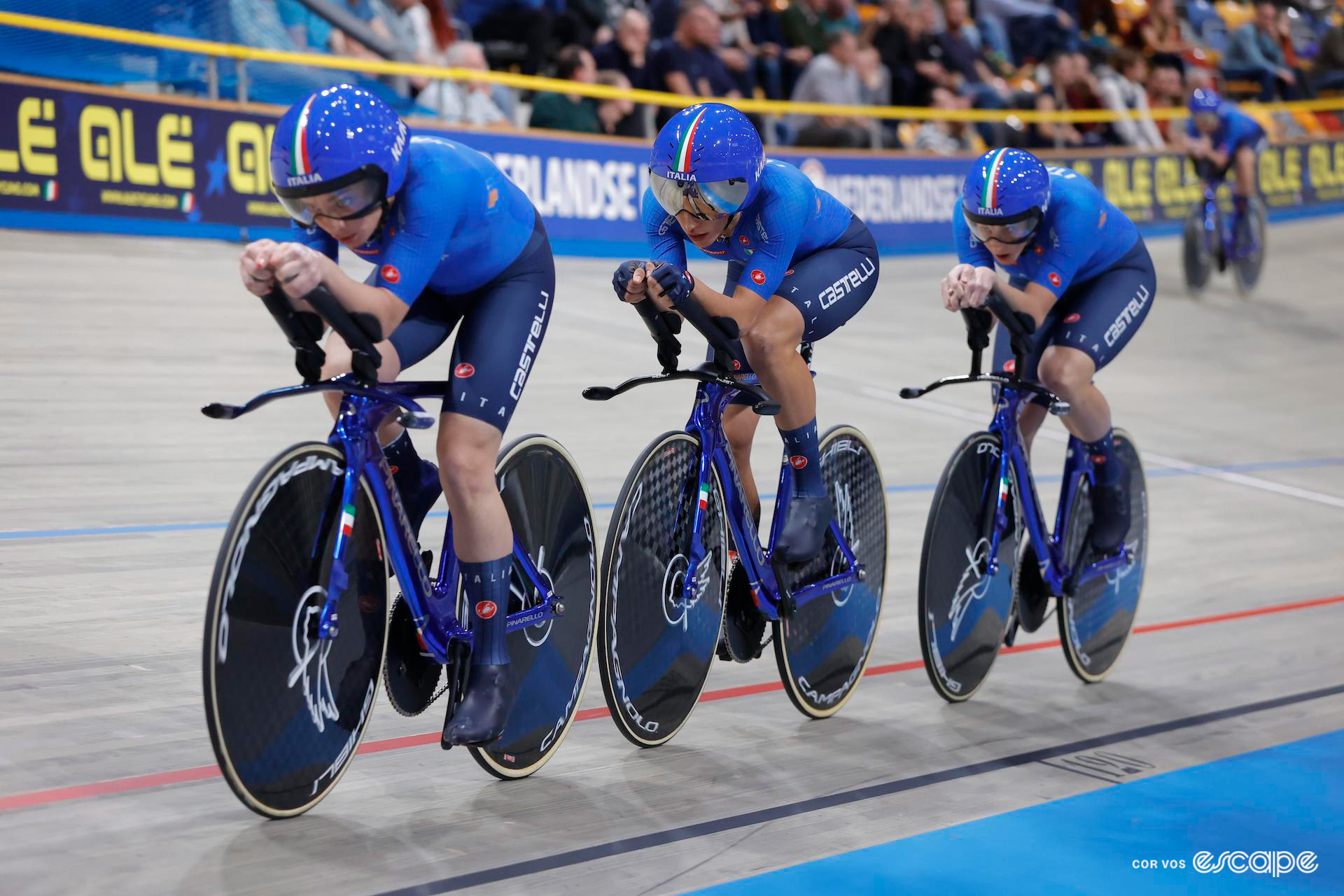 The Italian women's Team Pursuit team on their way to victory at the 2024 European Track Championships.