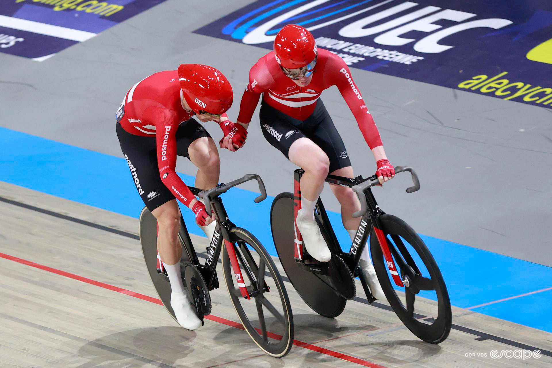 Danish pairing Michael Mørkøv and Theodor Storm during the Madison at the 2024 European Track Championships.