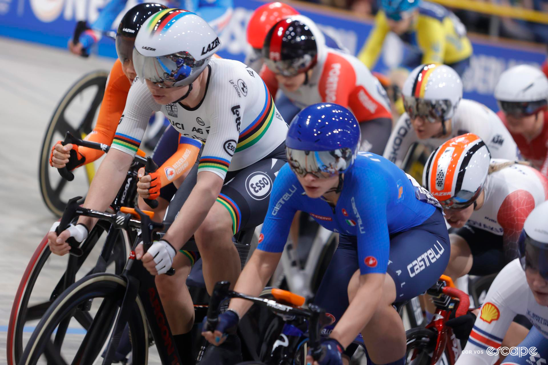 World champion Lotte Kopecky alongside Italy's Chiara Consonni on the front of the pack during the women's elimination final at the 2024 European Track Championships.