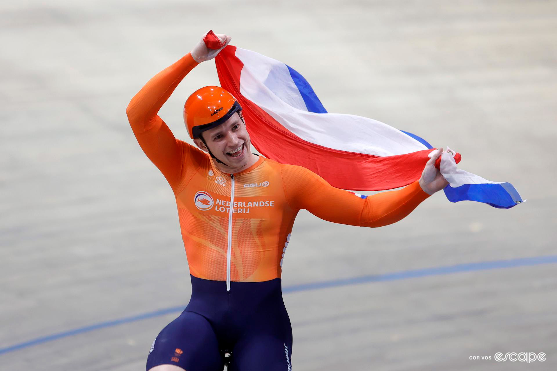 Harrie Lavreysen celebrates winning the Keirin at the 2024 European Track Championships in front of a home crowd in Apeldoorn.