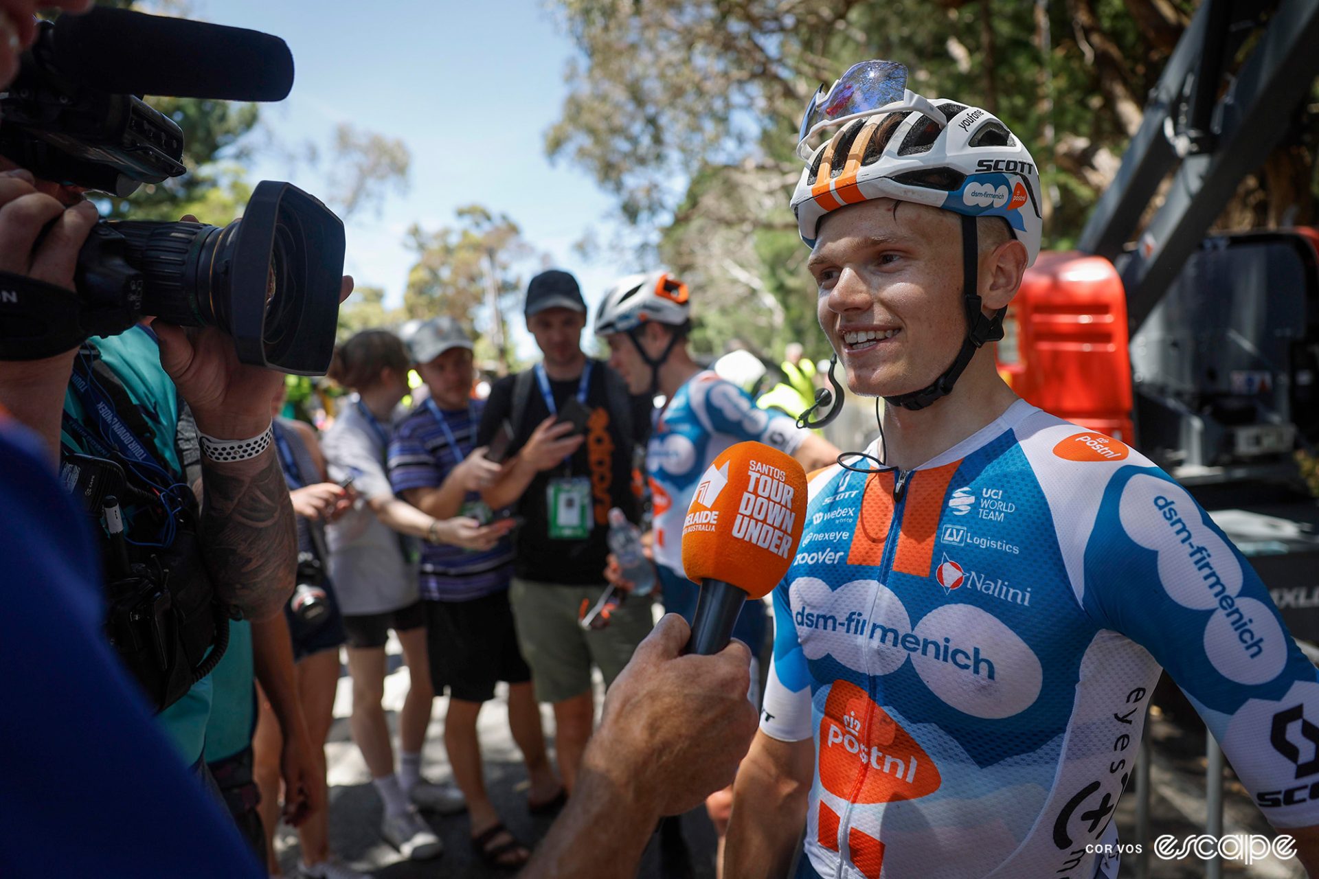 Oscar Onley being interviewed after his Willunga Hill stage win.