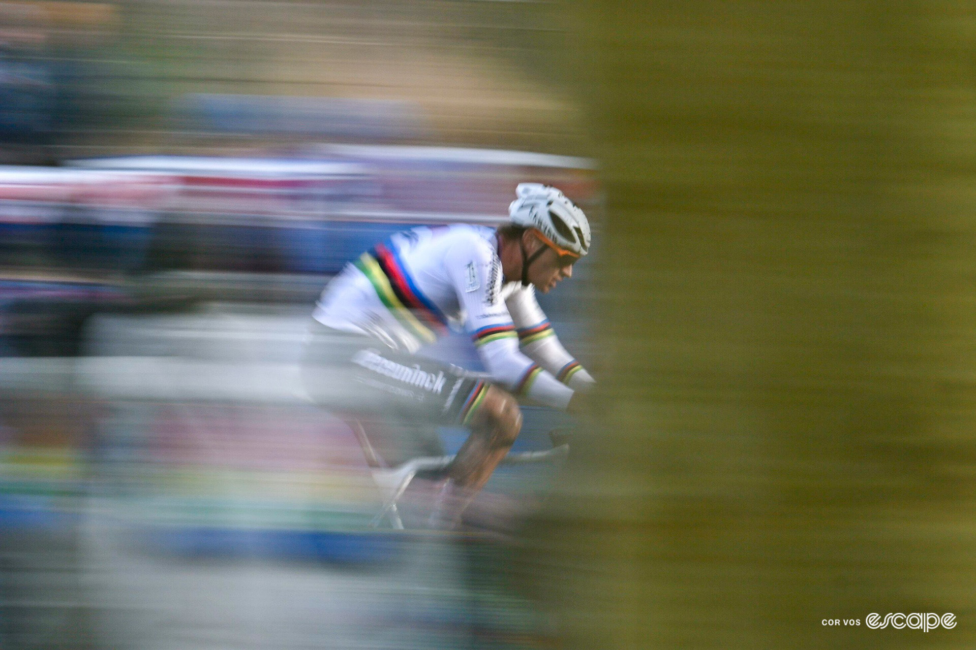 World champion Mathieu van der Poel speeds past in a blur during X2O Trofee Hamme - Flandriencross.