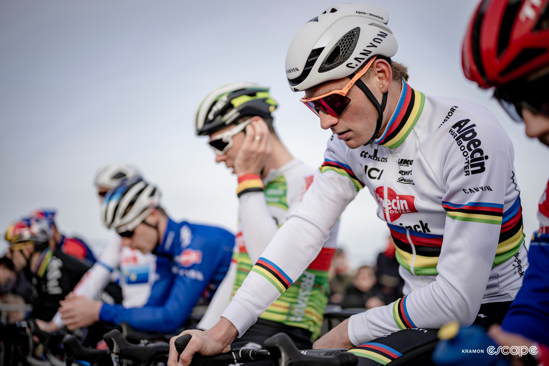 CX world champion Mathieu van der Poel sits relaxed on his top tube on the start line of X2O Trofee Koksijde - Vlaamse Duinencross.