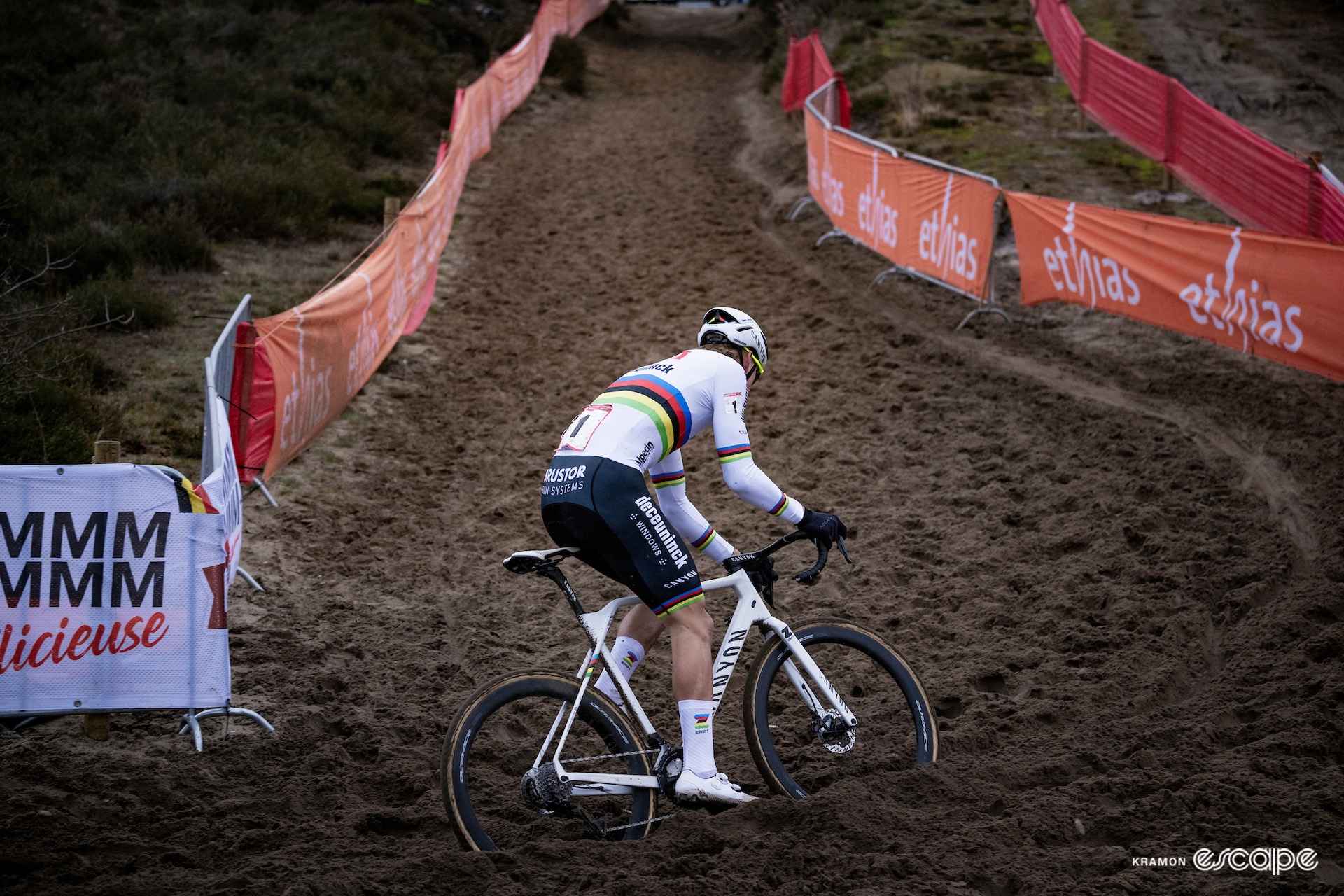 CX world champion Mathieu van der Poel leads the race solo during UCI World Cup Zonhoven.