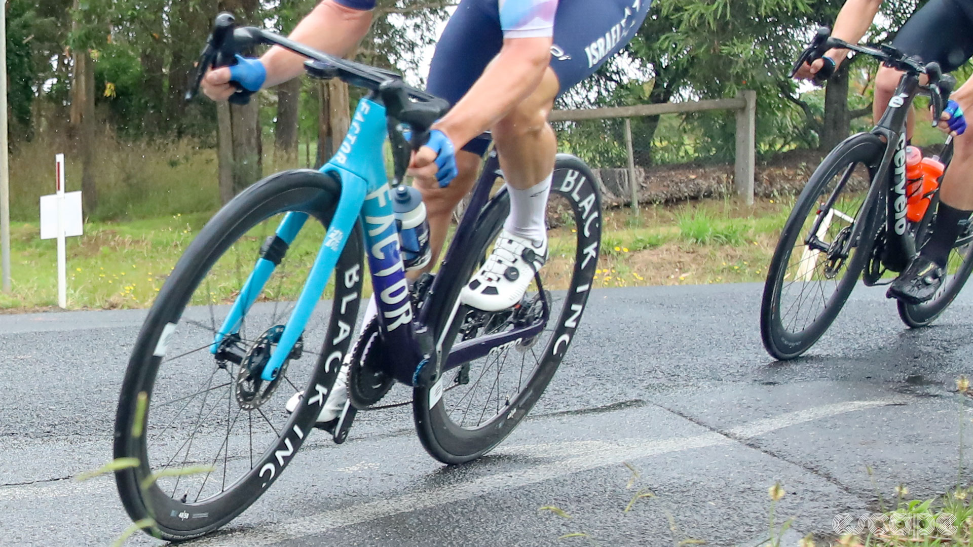 The photo shows Simon Clarke cornering on the new Factor Ostro at the Australian road race national championships.