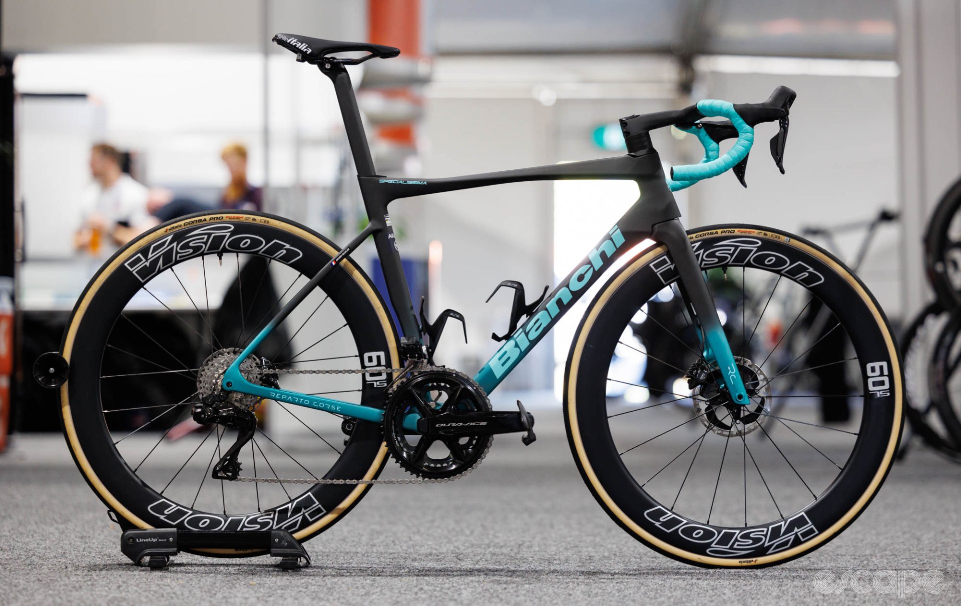 Bianchi's Specialissima for Arkéa-B&B Hotels. It's a matte-black to celeste fade paint with celeste logos and bar tape. 