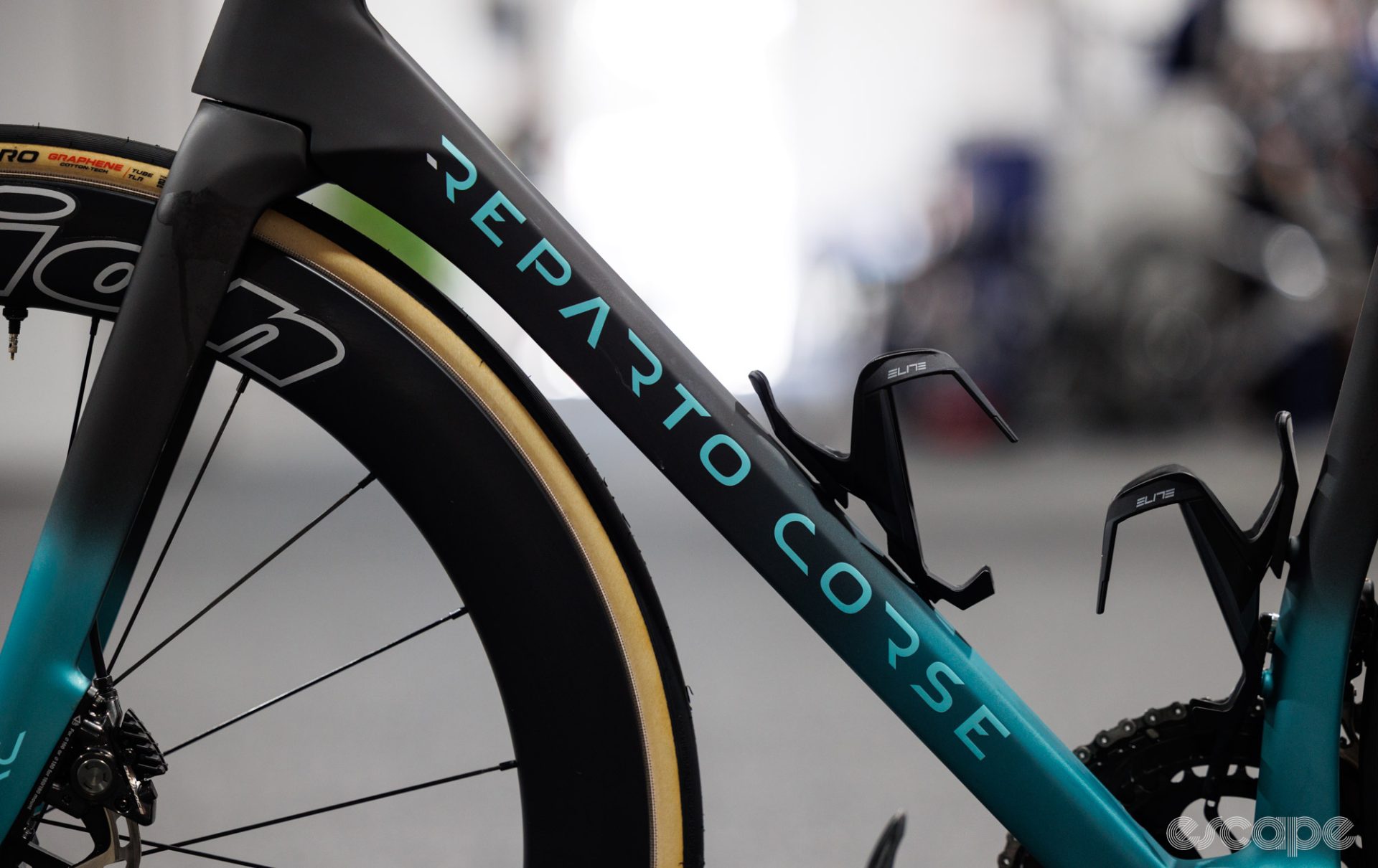A downtube of a Specialissima with Bianche's Reparto Corse (race division) logo.