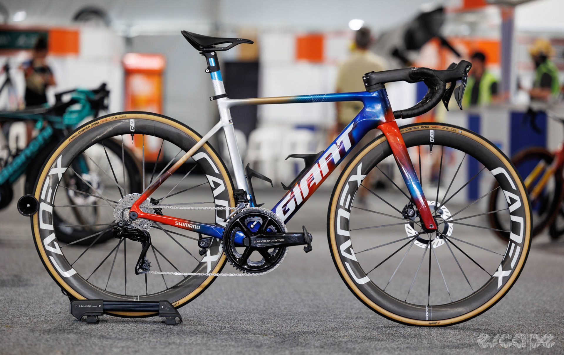 Jayco-AlUla's Giant Propel Advanced SL, with an 80s-style multicolor fade paint job in red, blue, white and even hints of gold.