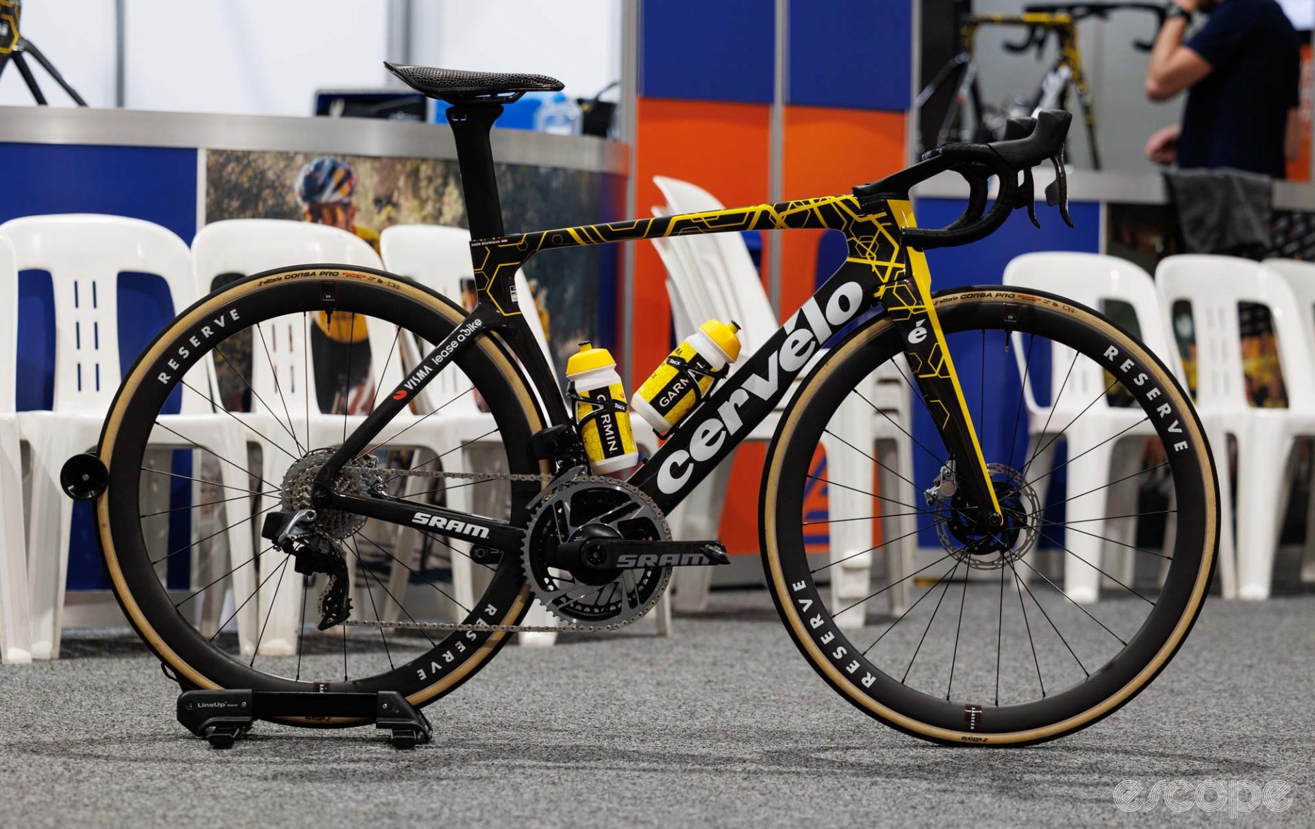 Visma-Lease a Bike's Cervelo S5 in black and yellow geometric-pattern paint. It has Reserve wheels and a SRAM Red group.